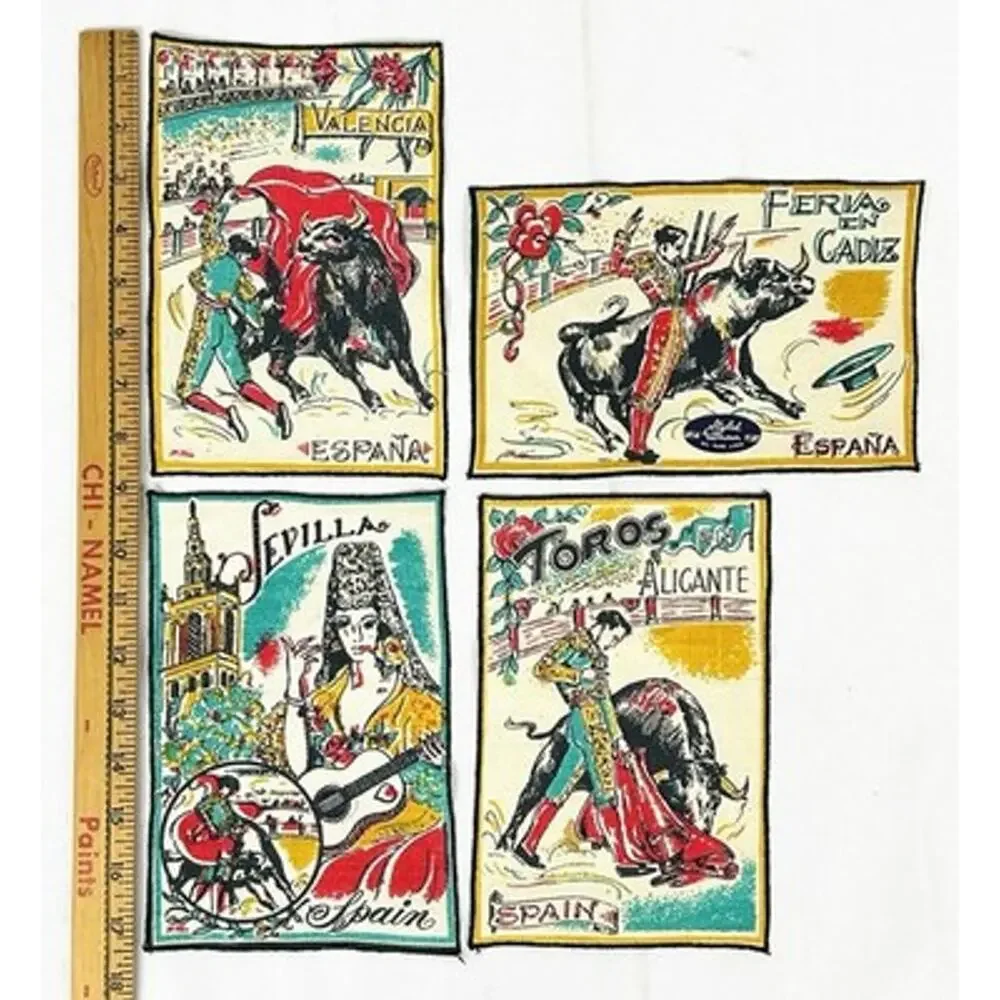 Vtg Styled by Dewan Linen Cocktail Napkins Set of 4 Spain Bullfighting Matador